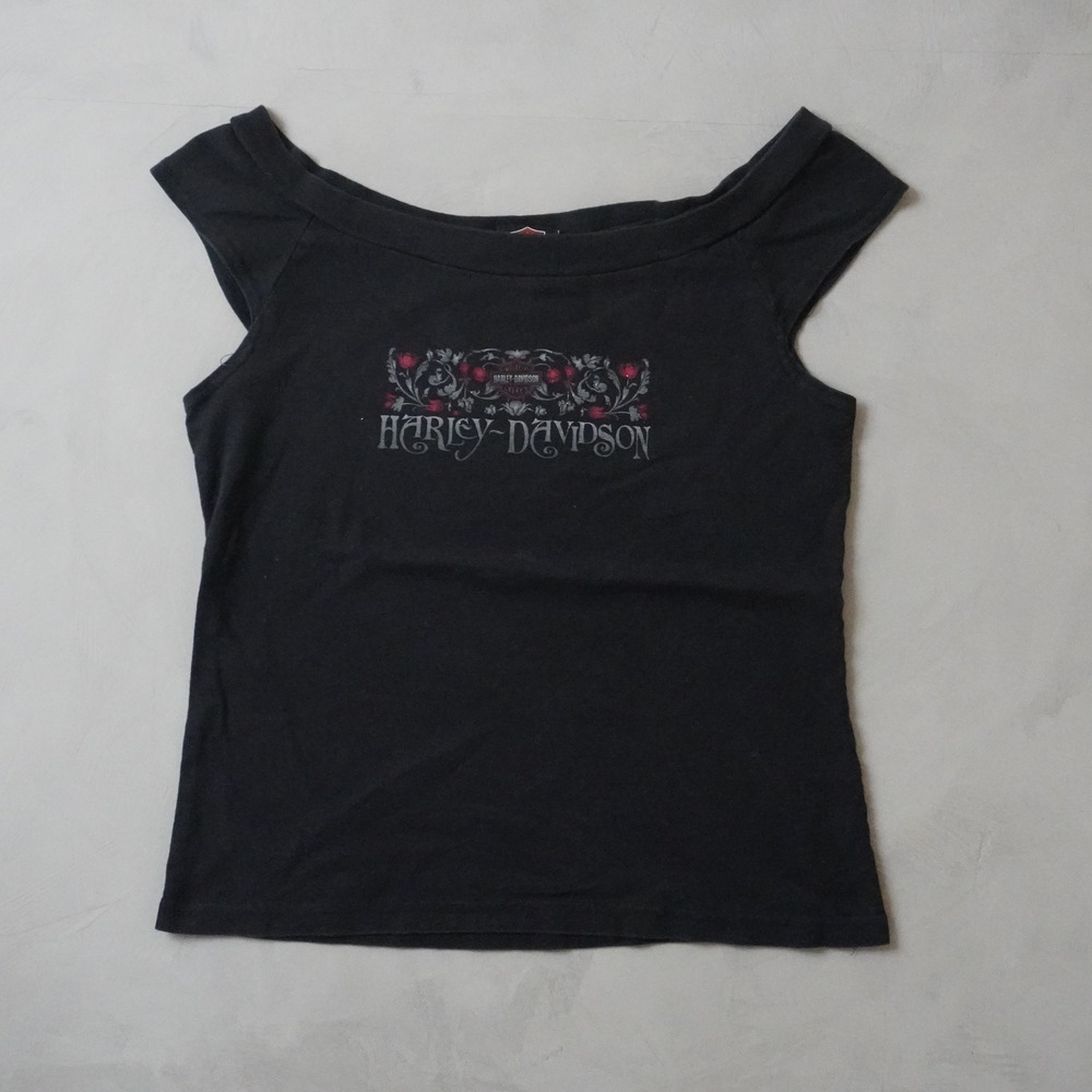 Vintage Harley Davidson Shirt 2X Womens Black Off Shoulder Ocean State RI 2005
